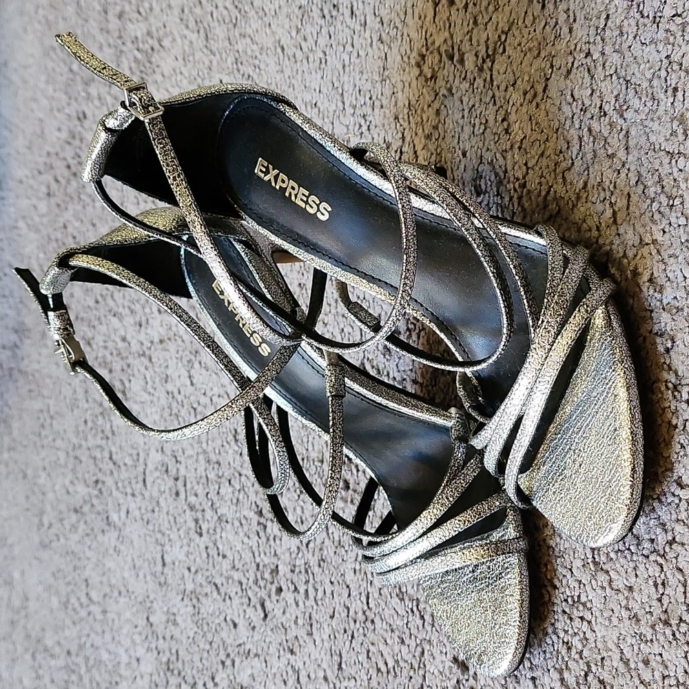 Express Silver High Heels Vegan Glitter Shiny